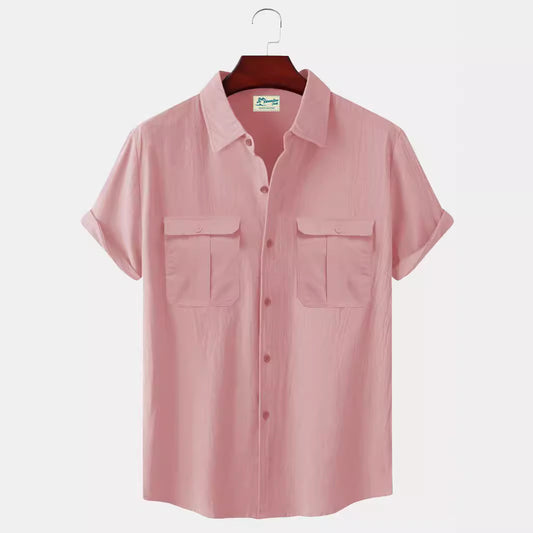 Solid Color Patchwork Linen Cardigan Short Sleeve Loose Lapels Men's Shirt