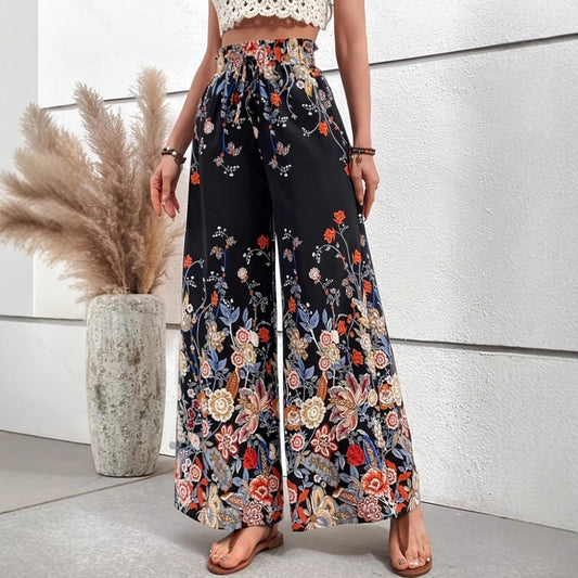 Fashionable Printed Loose High Waist Lace-up Wide Leg Trousers