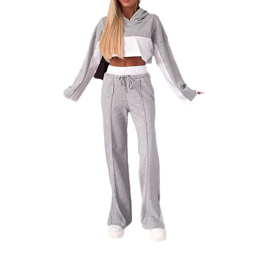 Colorblock Hood Contrast Color Sweatshirt Lace-up Trousers Suit