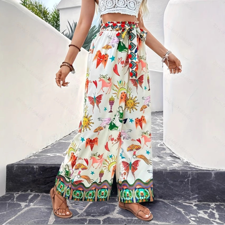 Fashionable Printed Loose High Waist Lace-up Wide Leg Trousers