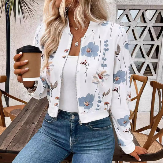 Elegant Women's Zip Floral Print Long Sleeve Jacket