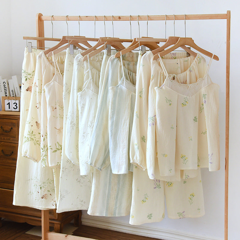 Cotton Crepe Three-piece Pajamas Women's Long-sleeved Cardigan Strap Lace
