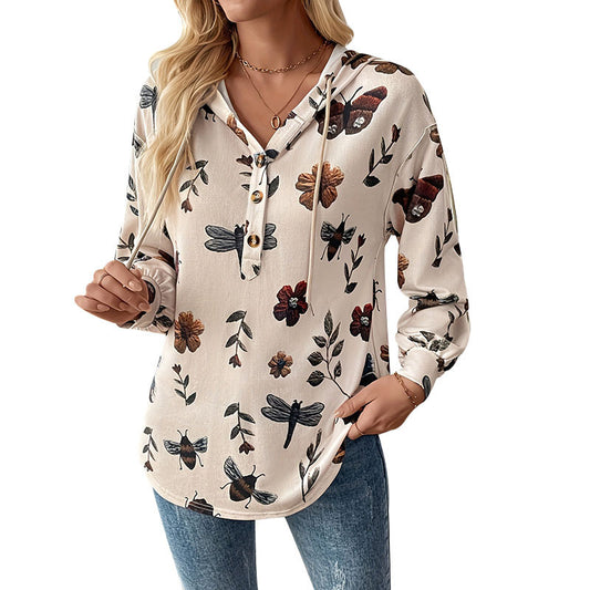 Flower Print Women's Pullover Long Sleeve Hooded Sweater