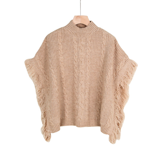 Semi-high Stand Collar Knitted Wool Tassel Half Sleeve Cape