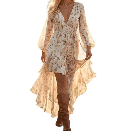 V-neck Irregular Hem Printed Long Sleeve Dress