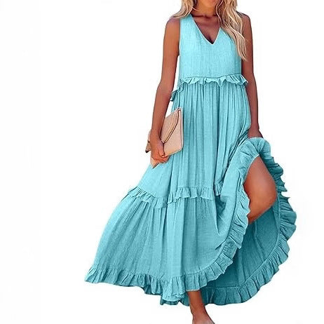 Casual V-neck Pleated Loose Flowy Ruffled Dress