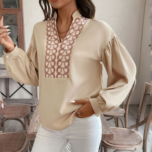 Elegant Retro Cardigan Ring Pattern Decorative Long Sleeve Stand Collar Shirt