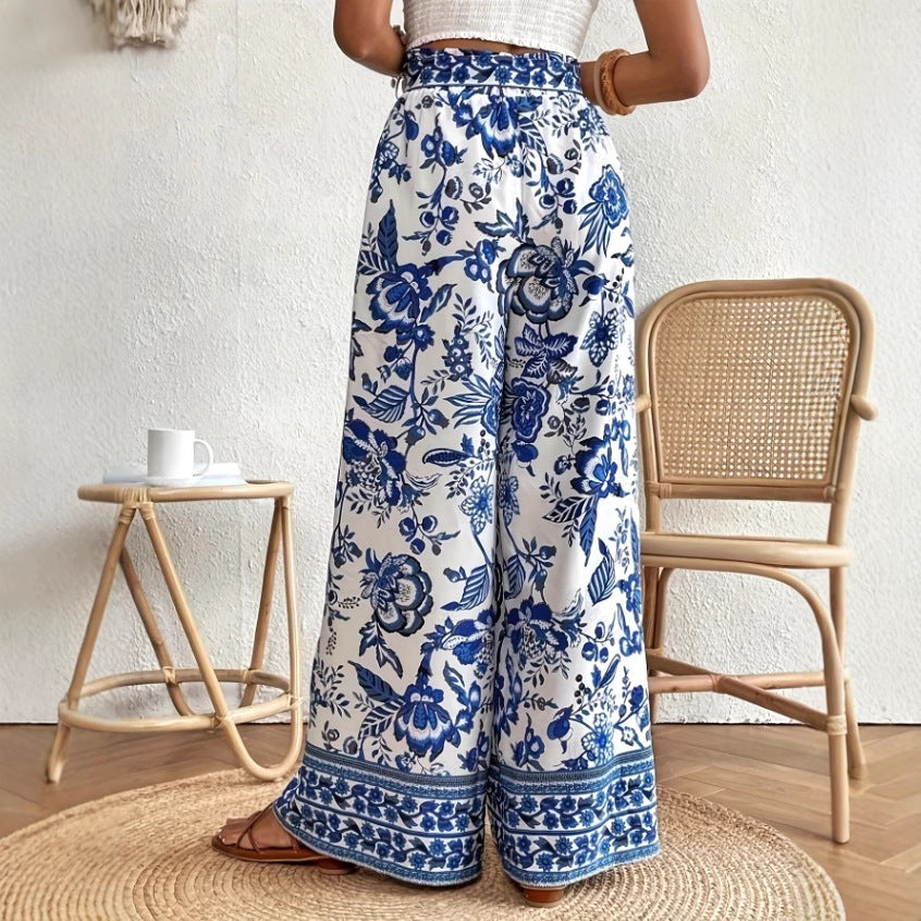 Fashionable Printed Loose High Waist Lace-up Wide Leg Trousers