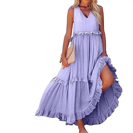 Casual V-neck Pleated Loose Flowy Ruffled Dress