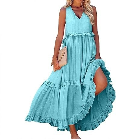 Casual V-neck Pleated Loose Flowy Ruffled Dress