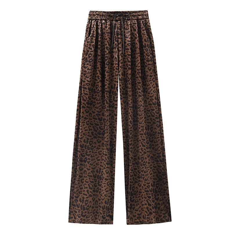 Women's Drawstring Straight Vintage Velvet Leopard Print Wide-leg Pants