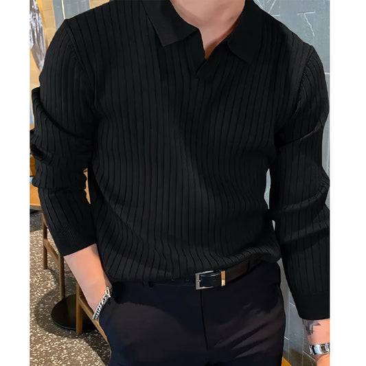 New Men's Lapel Knitted Long-sleeved T-shirt