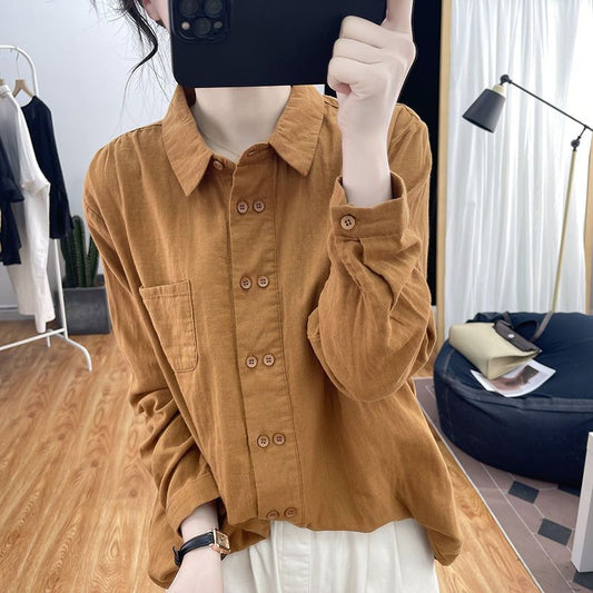 Double-breasted Cotton And Linen Long-sleeved Shirt For Women, Spring And Autumn New Style Polo Collar Inner Top, Loose Design Shirt