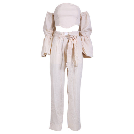 Solid Color Cotton And Linen Off-shoulder Top Casual Pants Suit