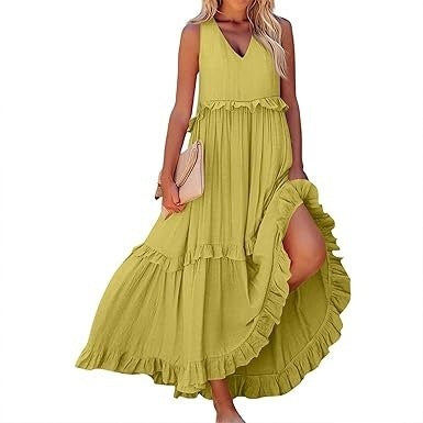 Casual V-neck Pleated Loose Flowy Ruffled Dress