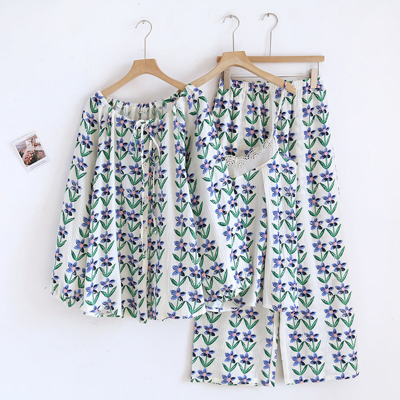 Cotton Crepe Three-piece Pajamas Women's Long-sleeved Cardigan Strap Lace