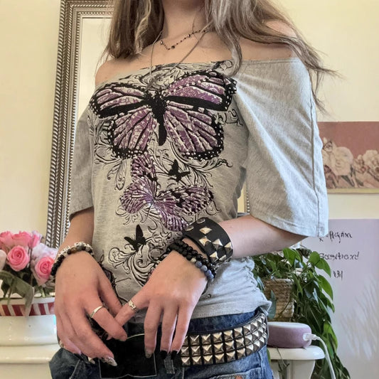 American Street Niche Design Retro Floral-print Off-shoulder Short Sleeve