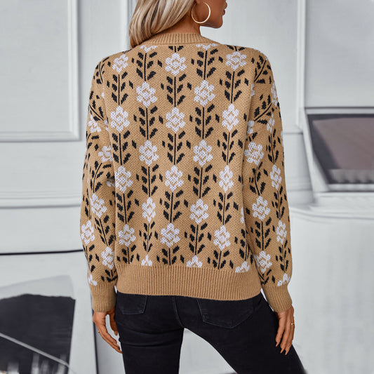 Flower Jacquard Pullover Women's Sweater