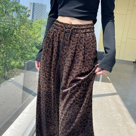 Women's Drawstring Straight Vintage Velvet Leopard Print Wide-leg Pants