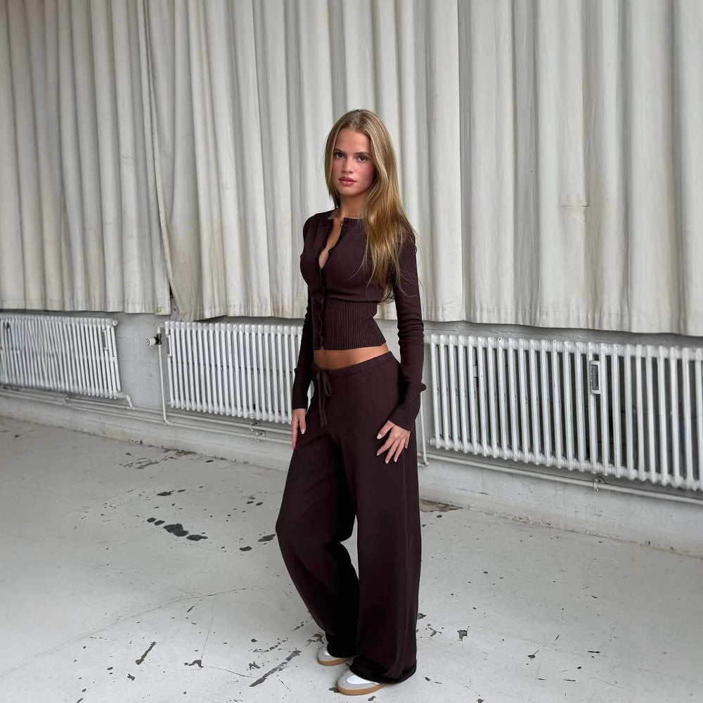 Pure Desire Knitted Slim-fit Buttoned Long Sleeve Low Waist Casual Trousers Two-piece Set
