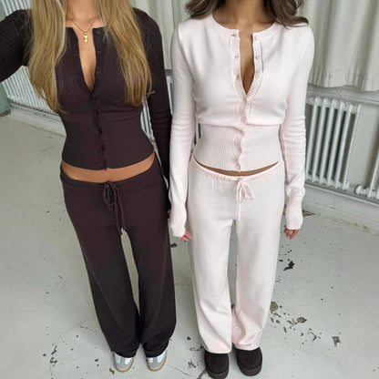Pure Desire Knitted Slim-fit Buttoned Long Sleeve Low Waist Casual Trousers Two-piece Set
