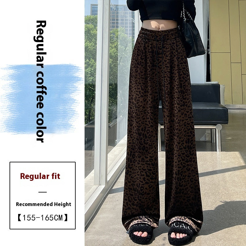 Women's Drawstring Straight Vintage Velvet Leopard Print Wide-leg Pants