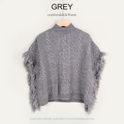 Semi-high Stand Collar Knitted Wool Tassel Half Sleeve Cape