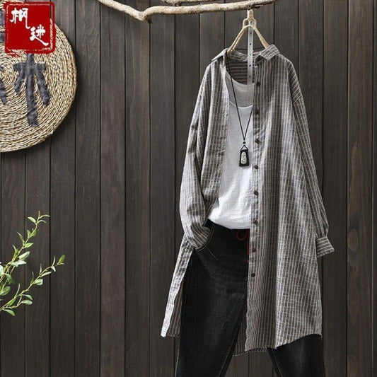 Women's Literary Cotton And Linen Striped Shirt Midi Long Sleeve Plus Size All-match Tops And Skirts