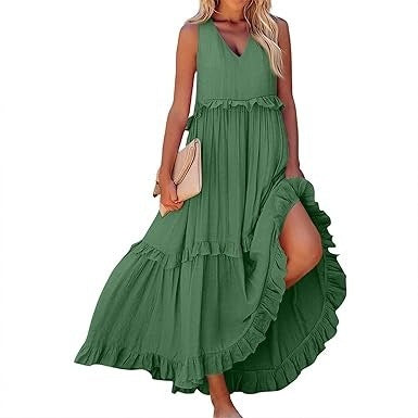 Casual V-neck Pleated Loose Flowy Ruffled Dress
