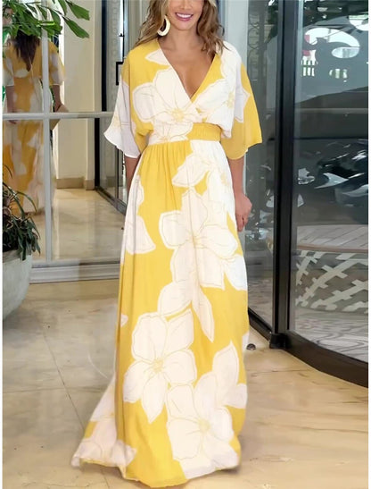 Flower Printed V-neck Batwing-sleeved Dress Fashion Elegant Backless Long Dresses Women's Clothing