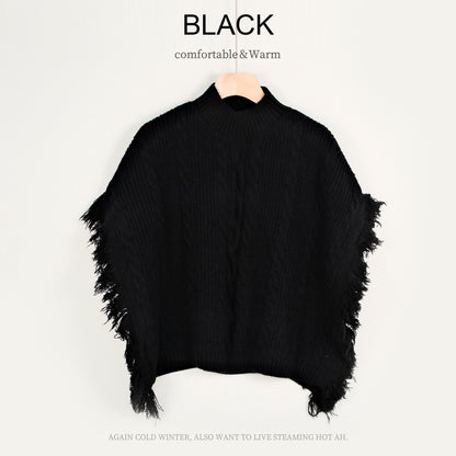 Semi-high Stand Collar Knitted Wool Tassel Half Sleeve Cape