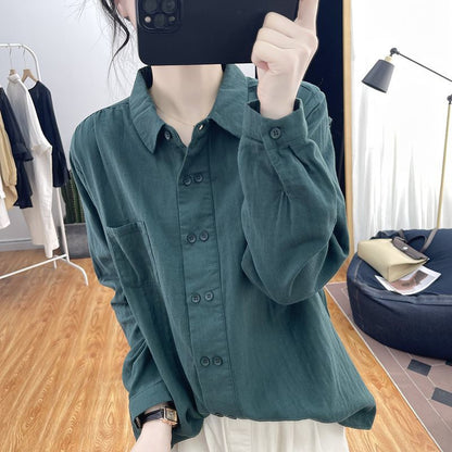Double-breasted Cotton And Linen Long-sleeved Shirt For Women, Spring And Autumn New Style Polo Collar Inner Top, Loose Design Shirt
