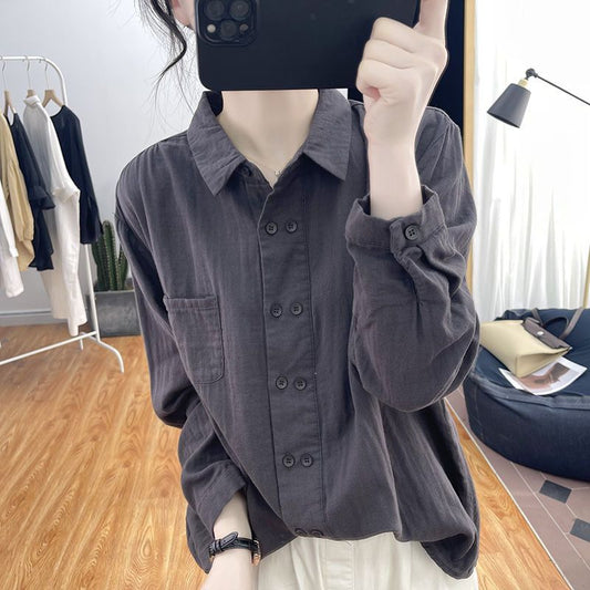 Double-breasted Cotton And Linen Long-sleeved Shirt For Women, Spring And Autumn New Style Polo Collar Inner Top, Loose Design Shirt