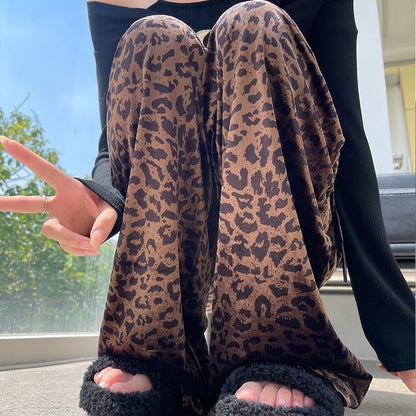 Women's Drawstring Straight Vintage Velvet Leopard Print Wide-leg Pants