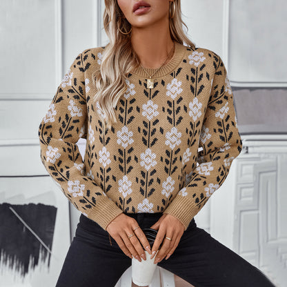 Flower Jacquard Pullover Women's Sweater