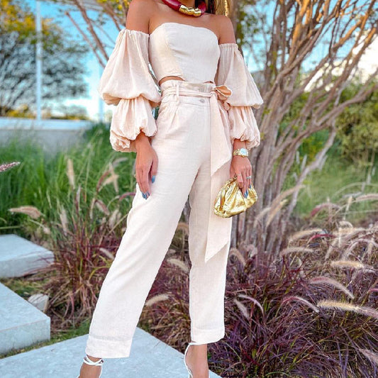 Solid Color Cotton And Linen Off-shoulder Top Casual Pants Suit