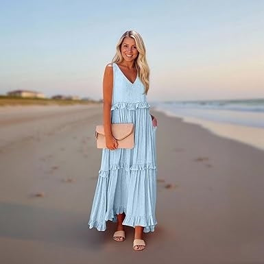 Casual V-neck Pleated Loose Flowy Ruffled Dress