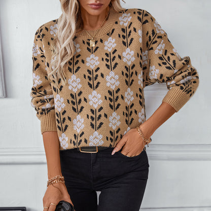 Flower Jacquard Pullover Women's Sweater