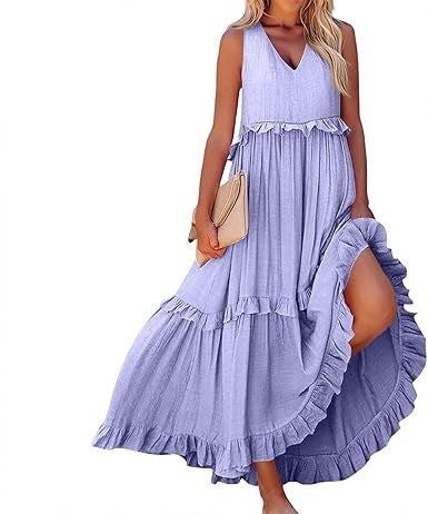 Casual V-neck Pleated Loose Flowy Ruffled Dress