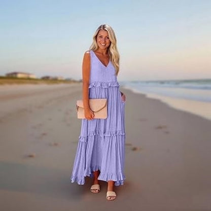 Casual V-neck Pleated Loose Flowy Ruffled Dress