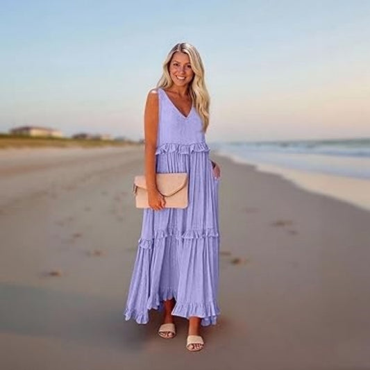 Casual V-neck Pleated Loose Flowy Ruffled Dress