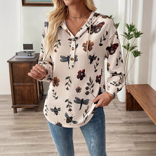 Flower Print Women's Pullover Long Sleeve Hooded Sweater