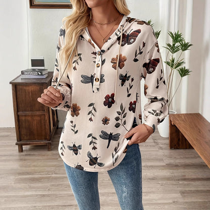 Flower Print Women's Pullover Long Sleeve Hooded Sweater
