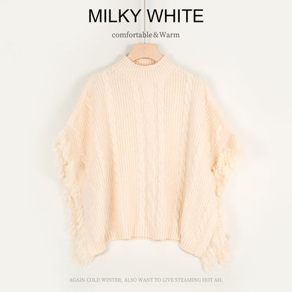 Semi-high Stand Collar Knitted Wool Tassel Half Sleeve Cape