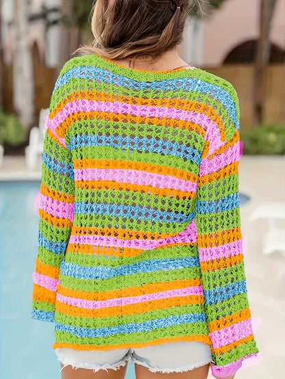 Patchwork Loose Mixed Color Round Neck Striped Sweater