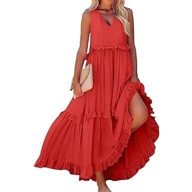 Casual V-neck Pleated Loose Flowy Ruffled Dress