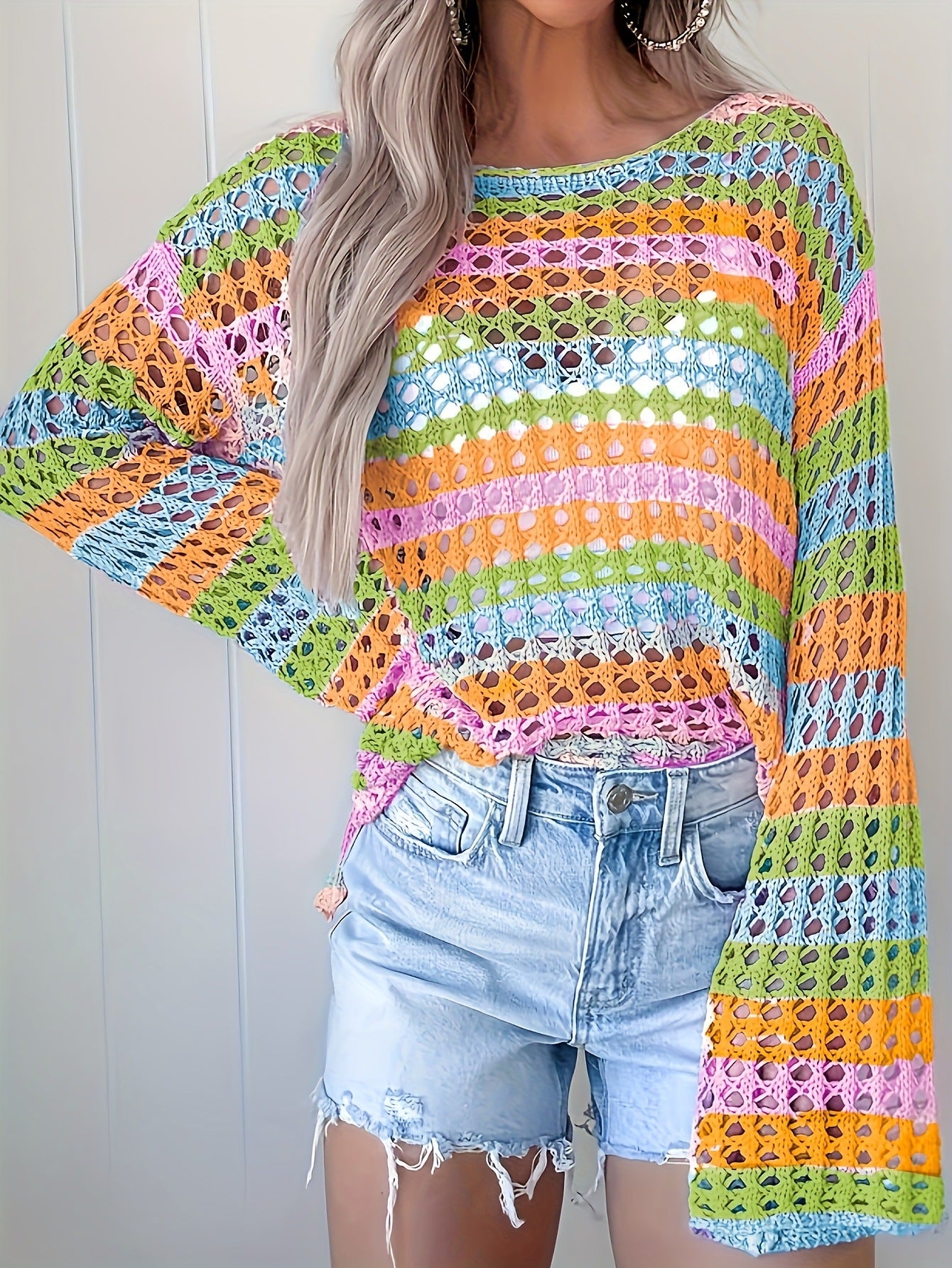 Patchwork Loose Mixed Color Round Neck Striped Sweater