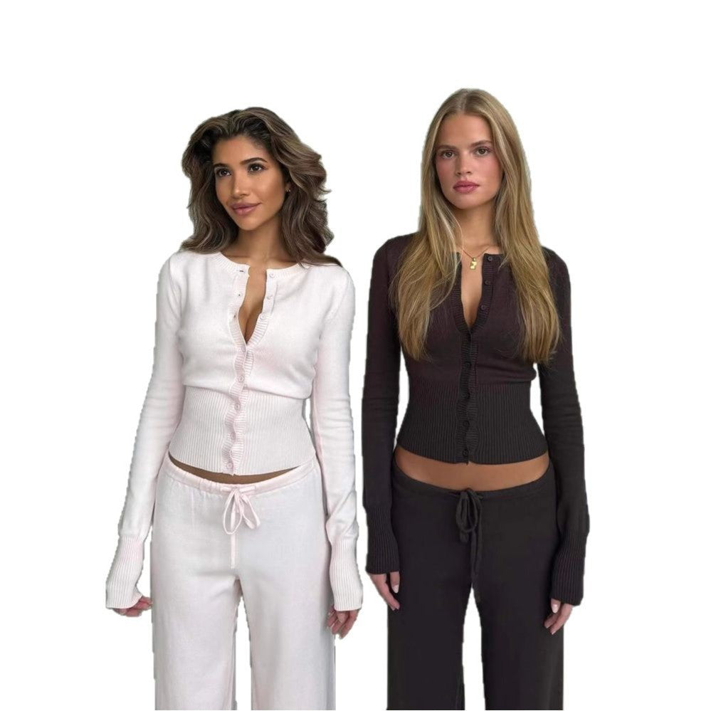 Pure Desire Knitted Slim-fit Buttoned Long Sleeve Low Waist Casual Trousers Two-piece Set