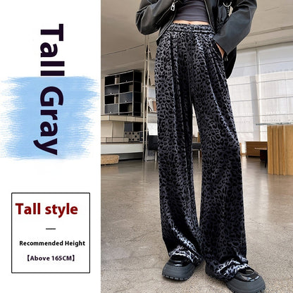 Women's Drawstring Straight Vintage Velvet Leopard Print Wide-leg Pants