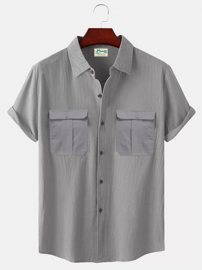 Solid Color Patchwork Linen Cardigan Short Sleeve Loose Lapels Men's Shirt